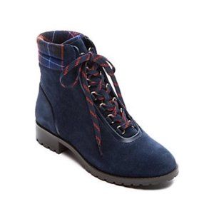 Fall & Winter Suede Boots, Size 7.5 - Blue Red Plaid Comfort Ankle Boots